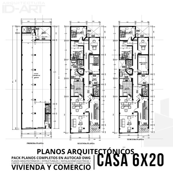PACK PLANOS COMPLETOS EN AUTOCAD .DWG DISEÑO DE CASA (6m x 20m) PARA VIVIENDA Y COMERCIO
