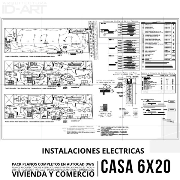 PACK PLANOS COMPLETOS EN AUTOCAD .DWG DISEÑO DE CASA (6m x 20m) PARA VIVIENDA Y COMERCIO