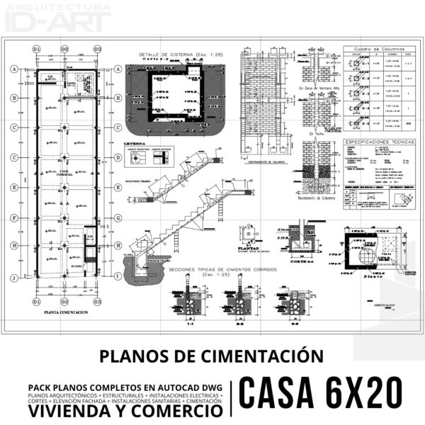 PACK PLANOS COMPLETOS EN AUTOCAD .DWG DISEÑO DE CASA (6m x 20m) PARA VIVIENDA Y COMERCIO