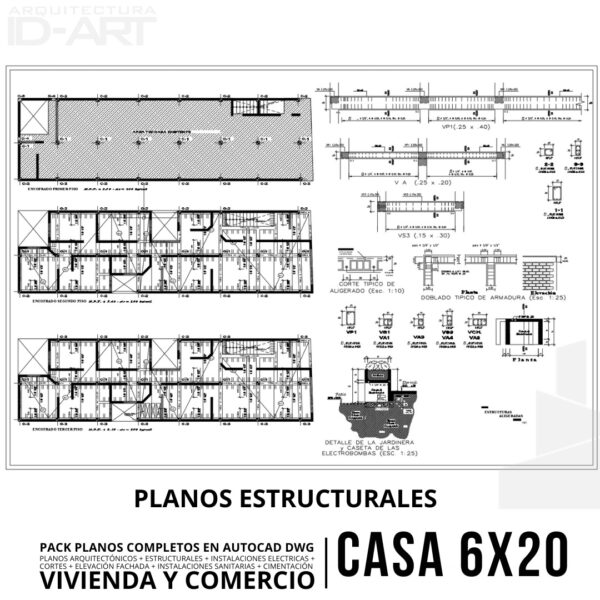 PACK PLANOS COMPLETOS EN AUTOCAD .DWG DISEÑO DE CASA (6m x 20m) PARA VIVIENDA Y COMERCIO