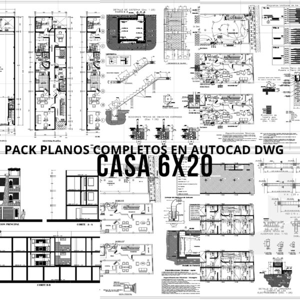 PACK PLANOS COMPLETOS EN AUTOCAD .DWG DISEÑO DE CASA (6m x 20m) PARA VIVIENDA Y COMERCIO