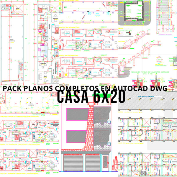 PACK PLANOS COMPLETOS EN AUTOCAD .DWG DISEÑO DE CASA (6m x 20m) PARA VIVIENDA Y COMERCIO