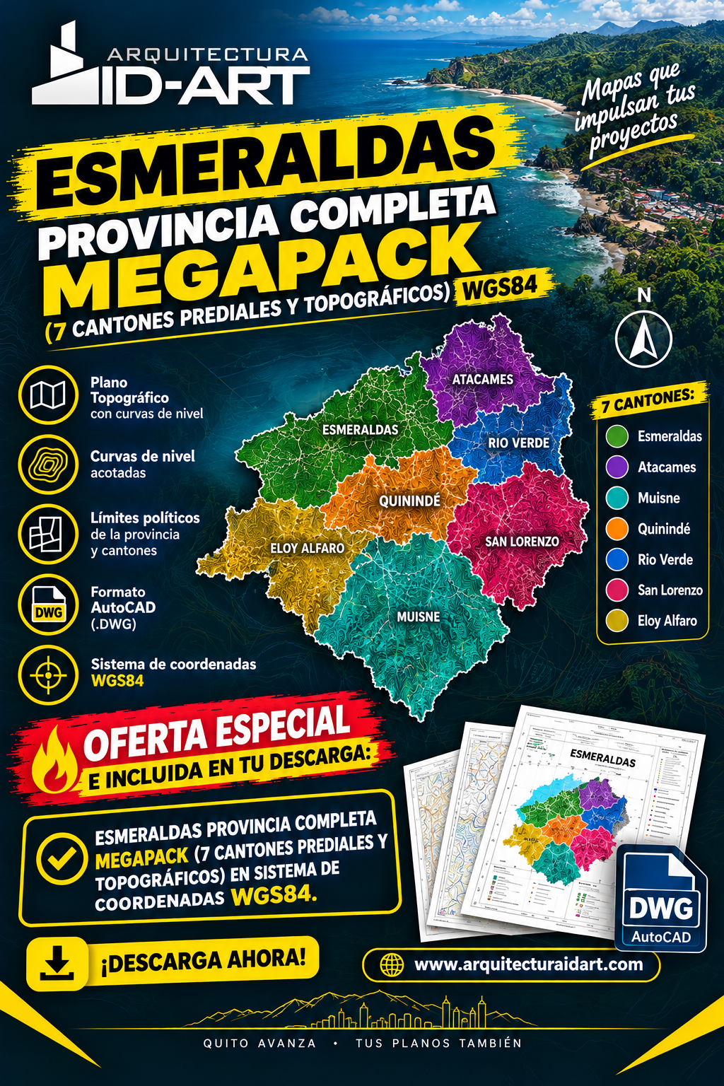 ESMERALDAS PROVINCIA COMPLETA MEGAPACK (7 CANTONES PREDIALES Y TOPOGRAFICOS) WGS84