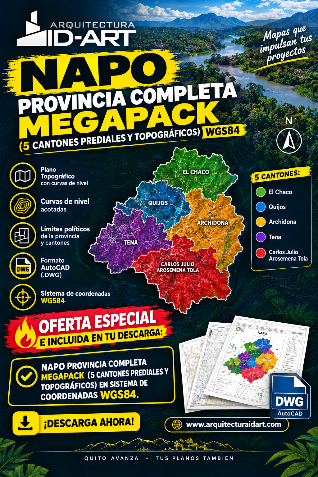 NAPO PROVINCIA COMPLETA MEGAPACK (5 CANTONES PREDIALES Y TOPOGRAFICOS) WGS84