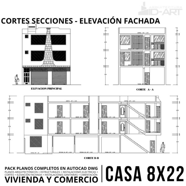 DESCARGA CASA 176m2 (8m X 22m) PLANOS COMPLETOS EN AUTOCAD DWG VIVIENDA Y COMERCIO - Imagen 2