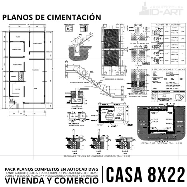 DESCARGA CASA 176m2 (8m X 22m) PLANOS COMPLETOS EN AUTOCAD DWG VIVIENDA Y COMERCIO - Imagen 8